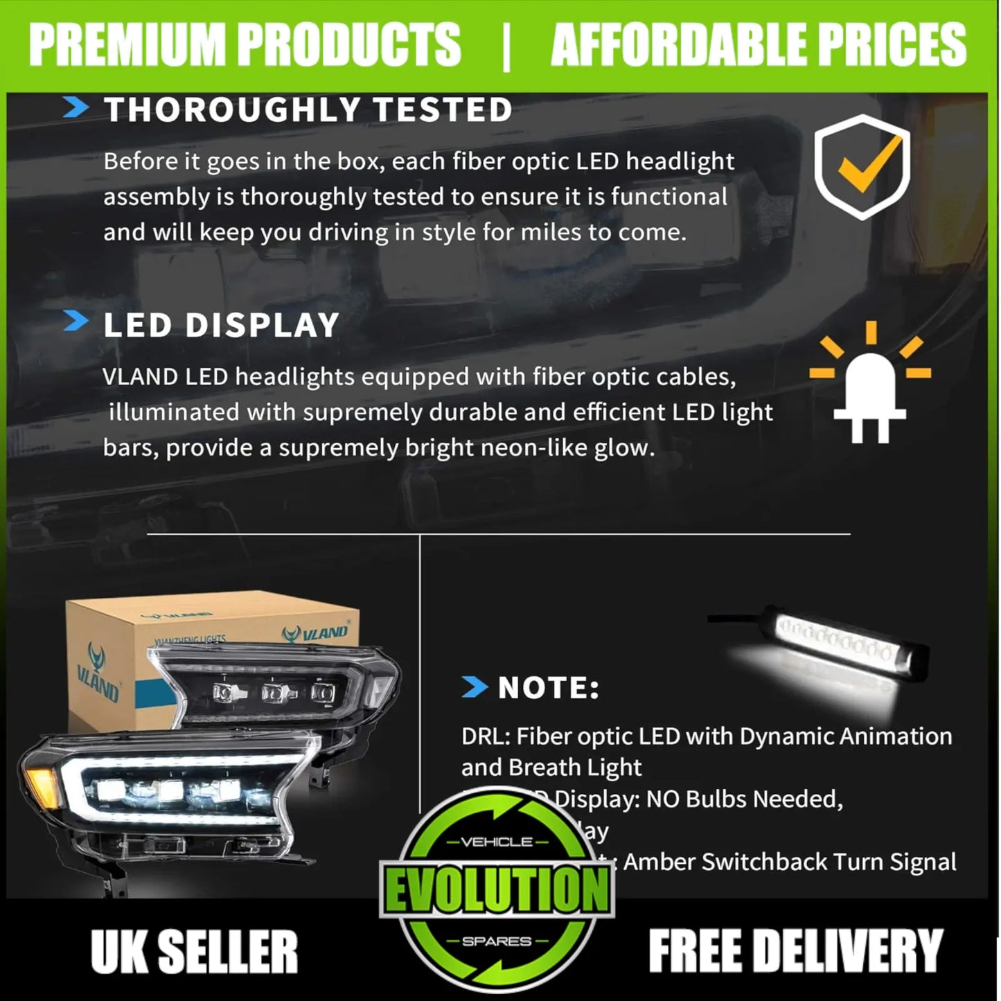 EVS LED Projector Headlights DRL Replacement To fit 2015-2021 Ford Ranger T7 T8