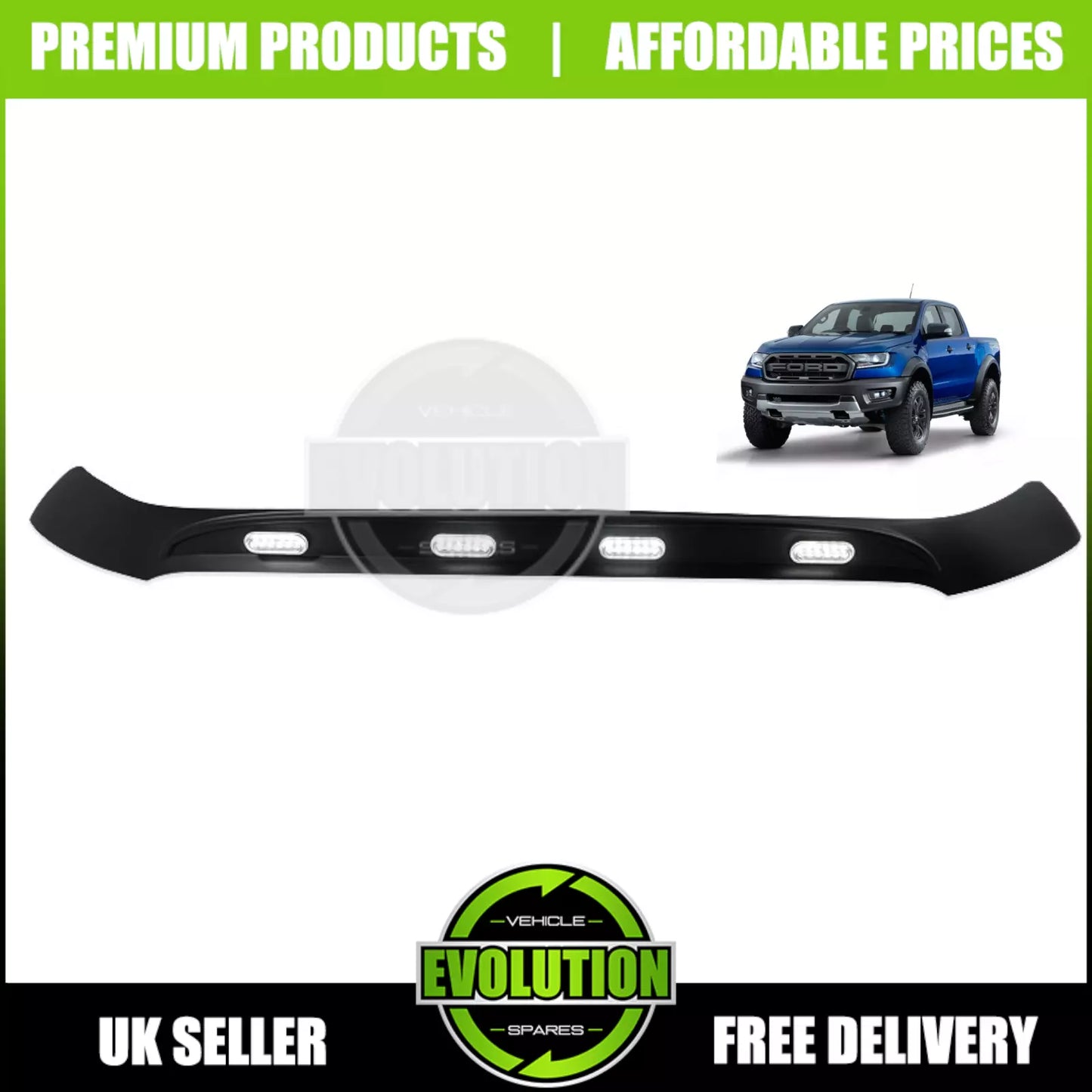 BONNET GUARD BUG DEFLECTOR WITH LED LIGHTS TO FIT FORD RANGER T6 T7 2015-2022