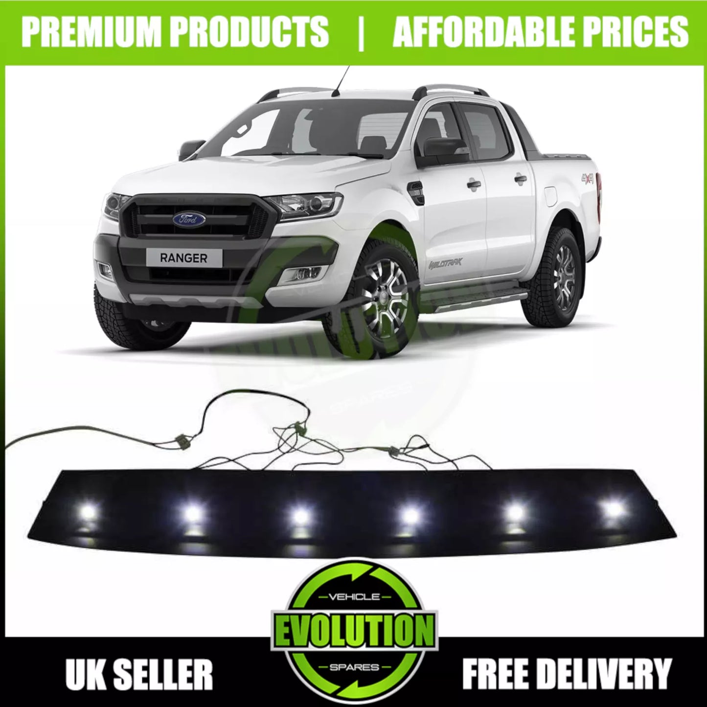 TO FIT FORD RANGER T8 2019 - 2022 FRONT ROOF SPOILER LED DRL LIGHTS BLACK