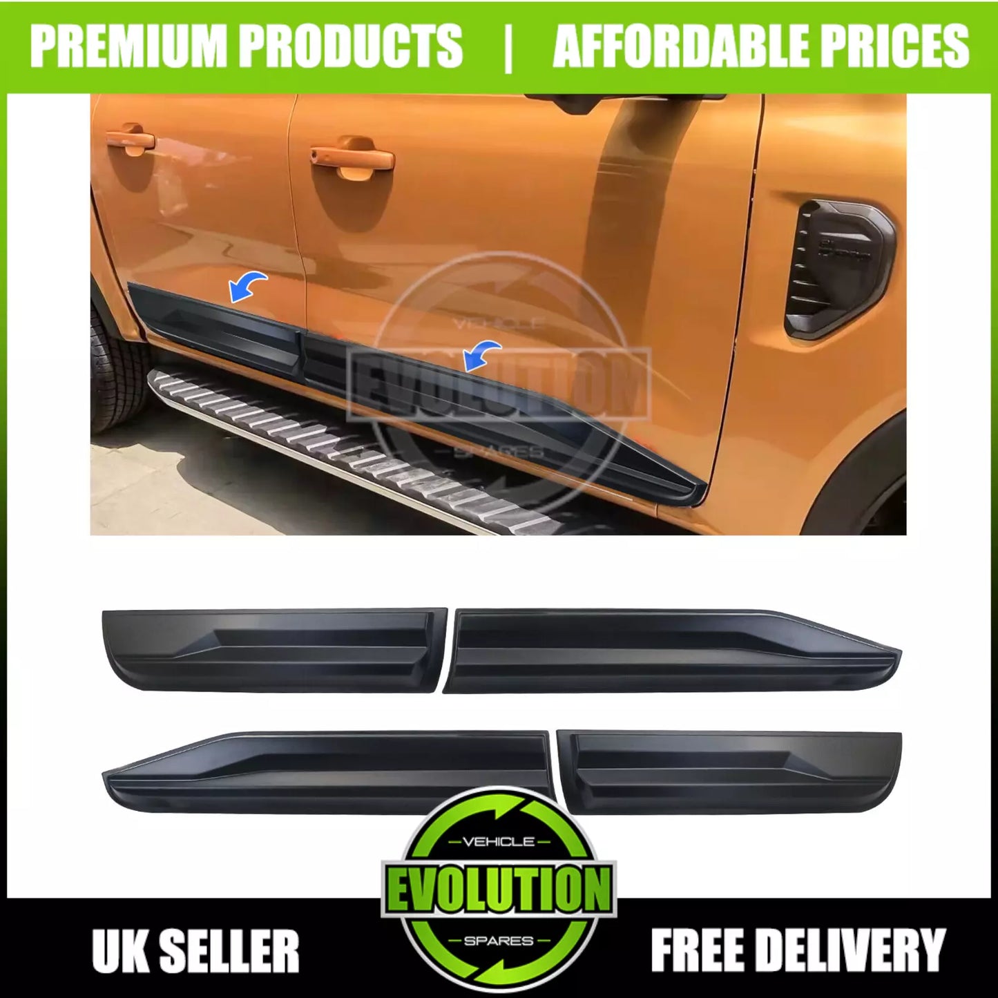 MATTE BLACK SIDE DOOR BODY CLADDING TRIM TO FIT FORD RANGER 2023- T9