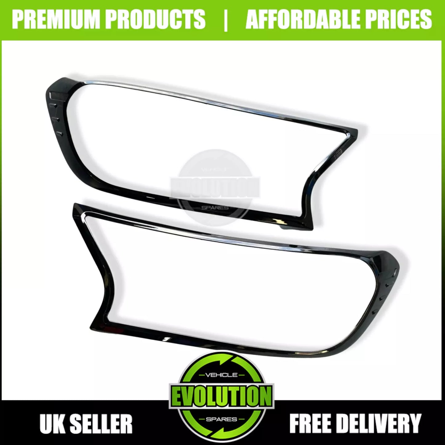 FRONT HEAD LIGHT GUARDS COVERS FOR FORD RANGER 2016-2022 IN GLOSS BLACK - PAIR