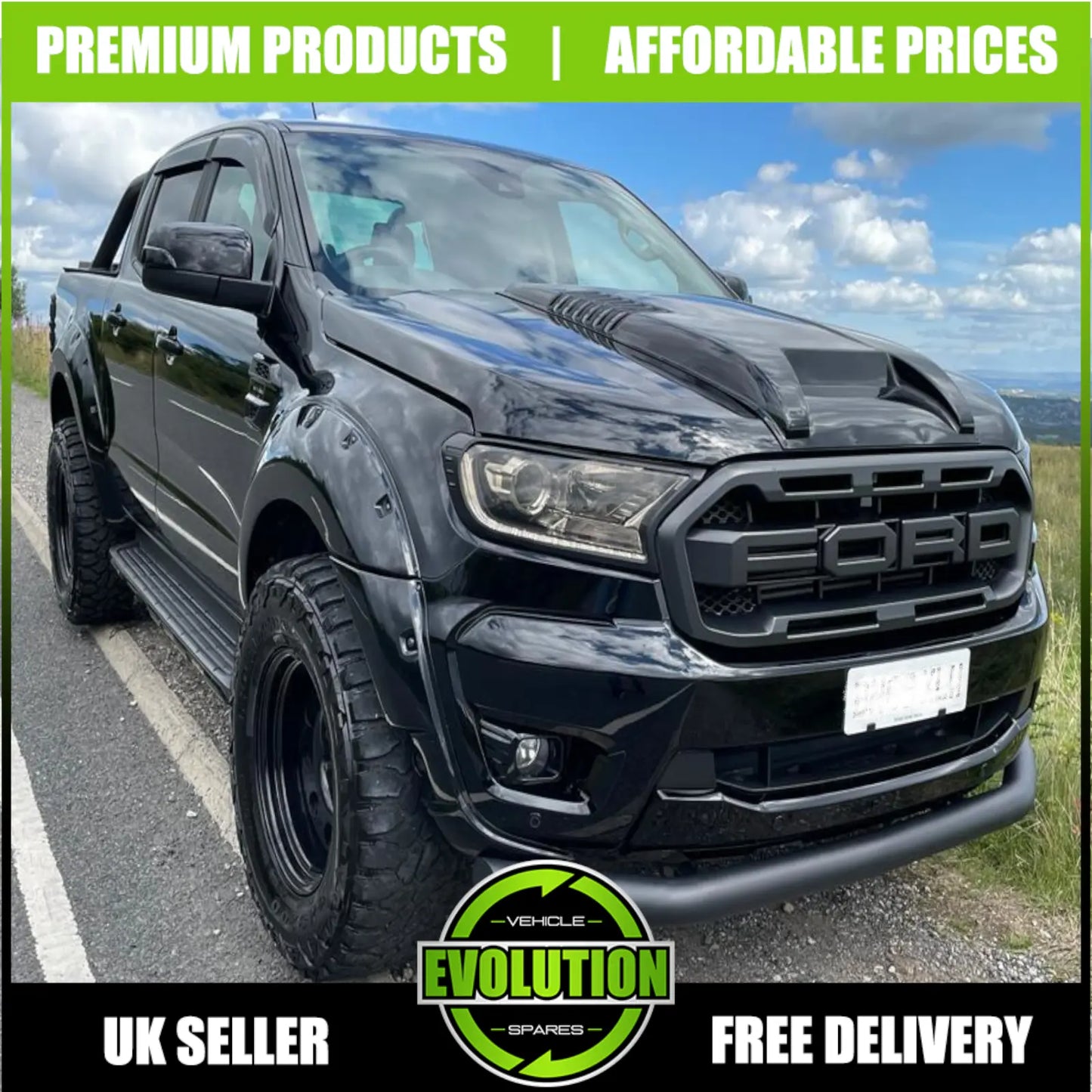 BONNET SCOOP GRILL VENT GUARD MATTE BALCK FITS FORD RANGER 2016-2022 T7 T8