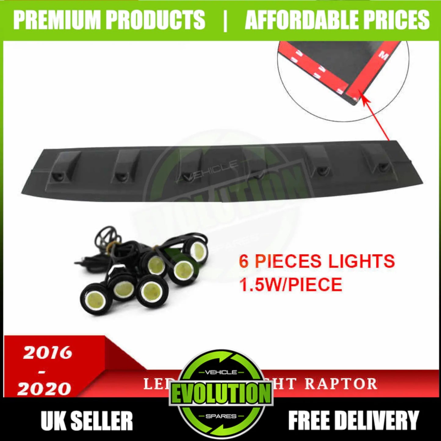 TO FIT FORD RANGER T8 2019 - 2022 FRONT ROOF SPOILER LED DRL LIGHTS BLACK