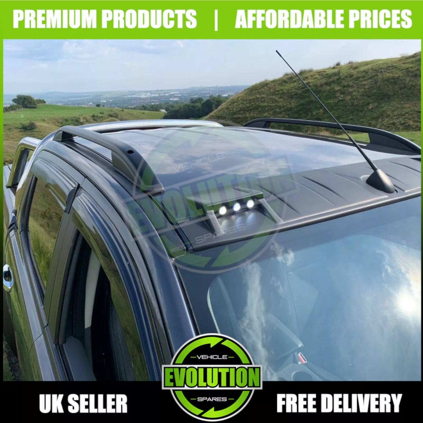 TO FIT FORD RANGER 2012 - 2018 FRONT ROOF SPOILER LED DRL LIGHTS BLACK