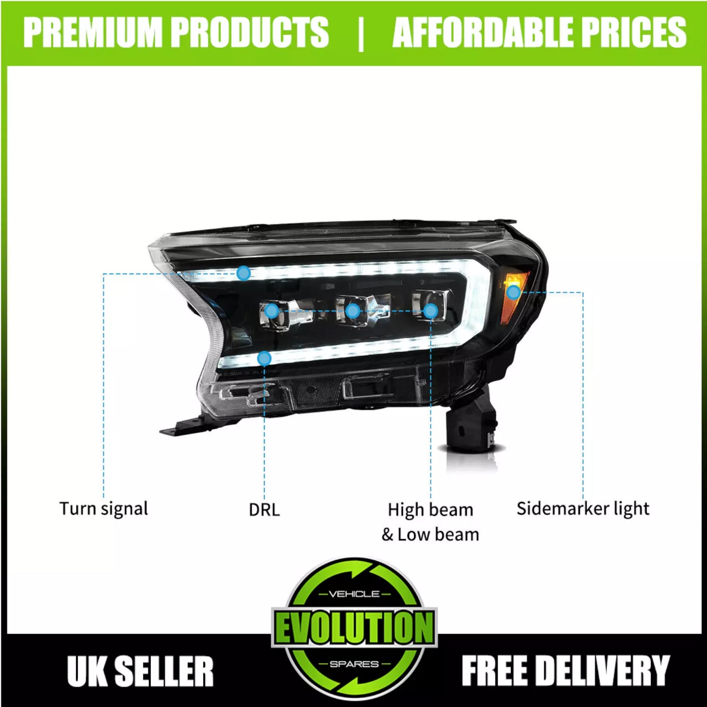 EVS LED Projector Headlights DRL Replacement To fit 2015-2021 Ford Ranger T7 T8