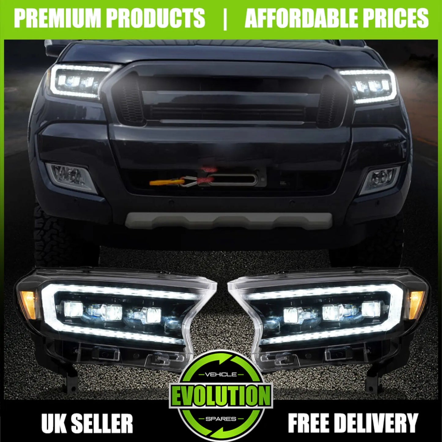 EVS LED Projector Headlights DRL Replacement To fit 2015-2021 Ford Ranger T7 T8