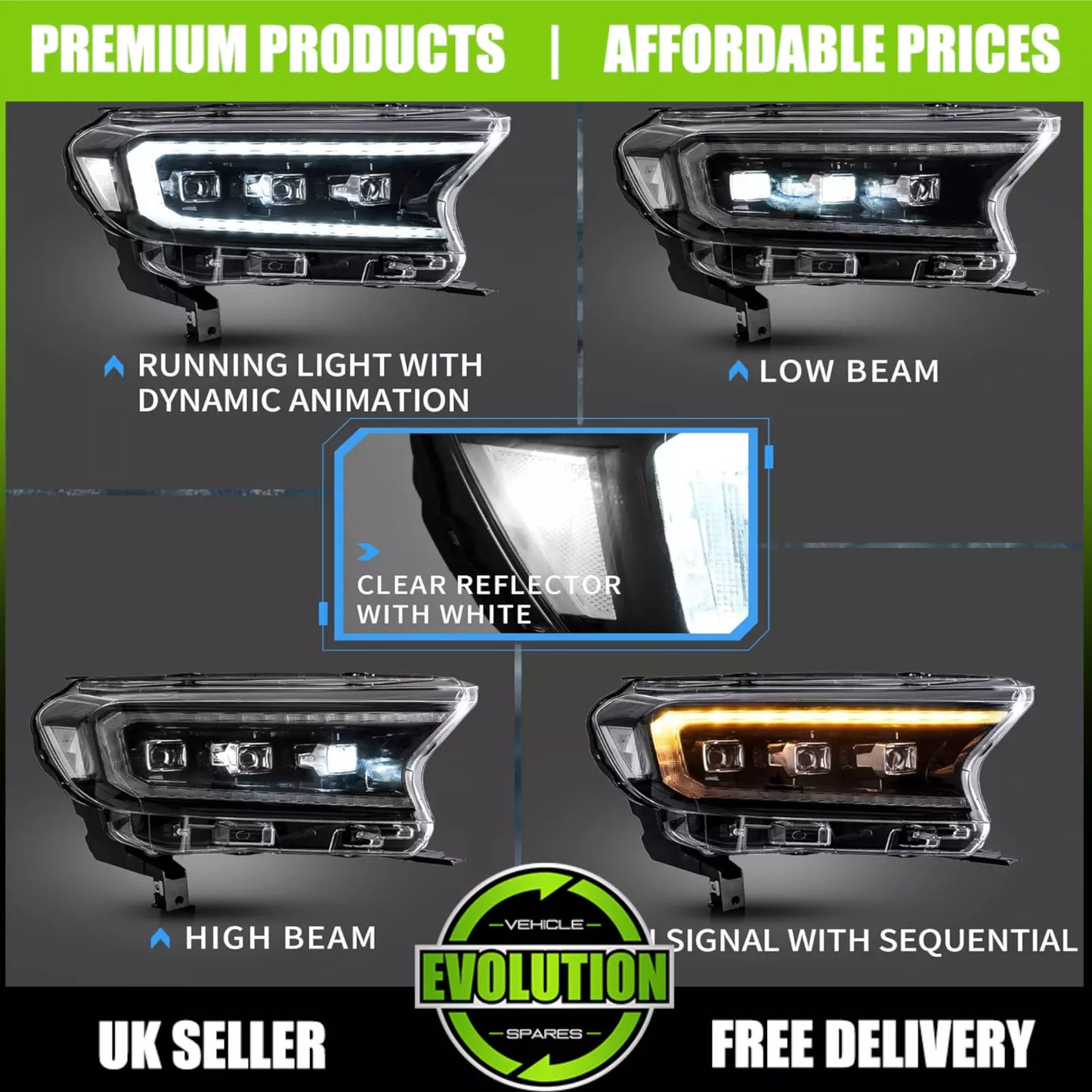 EVS LED Projector Headlights DRL Replacement To fit 2015-2021 Ford Ranger T7 T8
