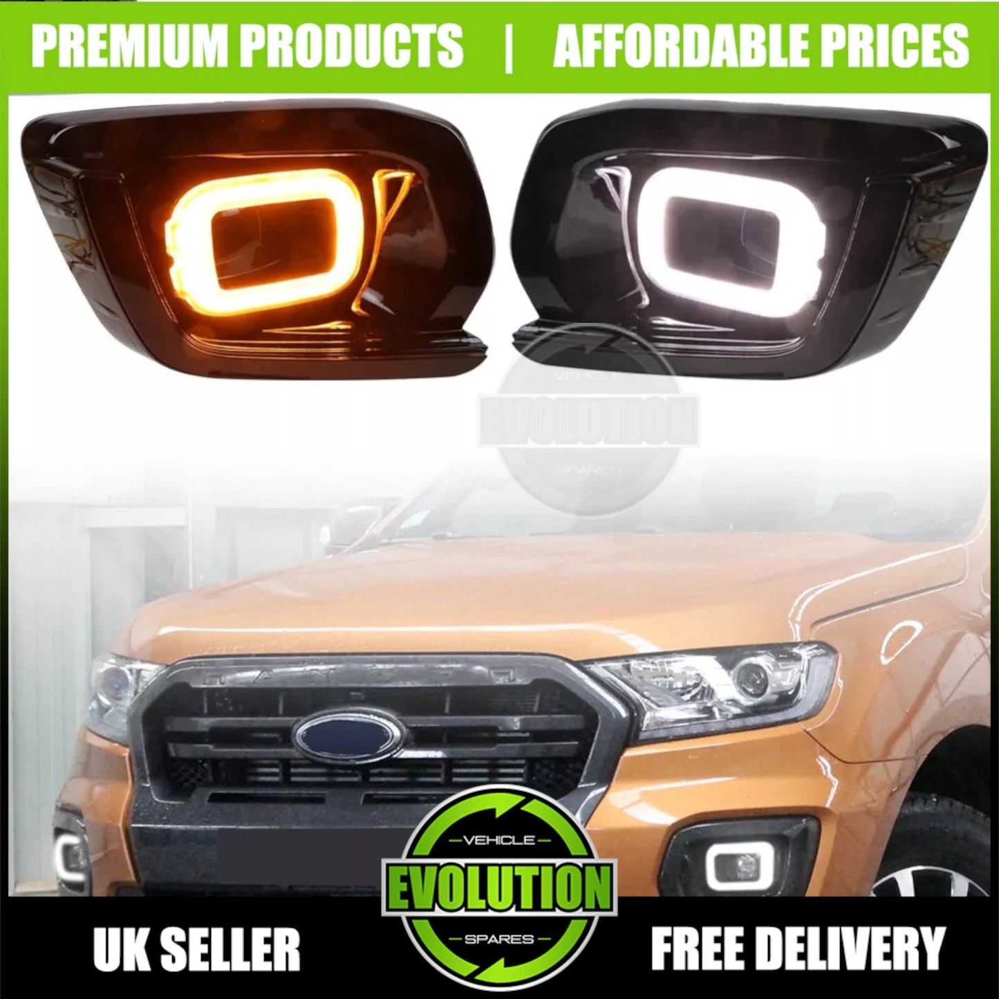 DRL Fog Light Surrounds Gloss LED Covers Fits Ford Ranger Wildtrack 2018-2022 T8