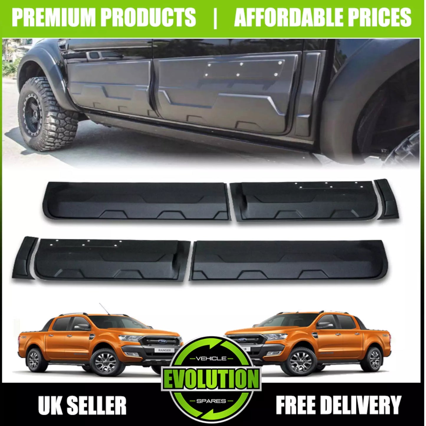 MATT BLACK SIDE DOOR BODY KIT CLADDING TRIM FITS FORD RANGER 2012-2021 T6 T7 T8