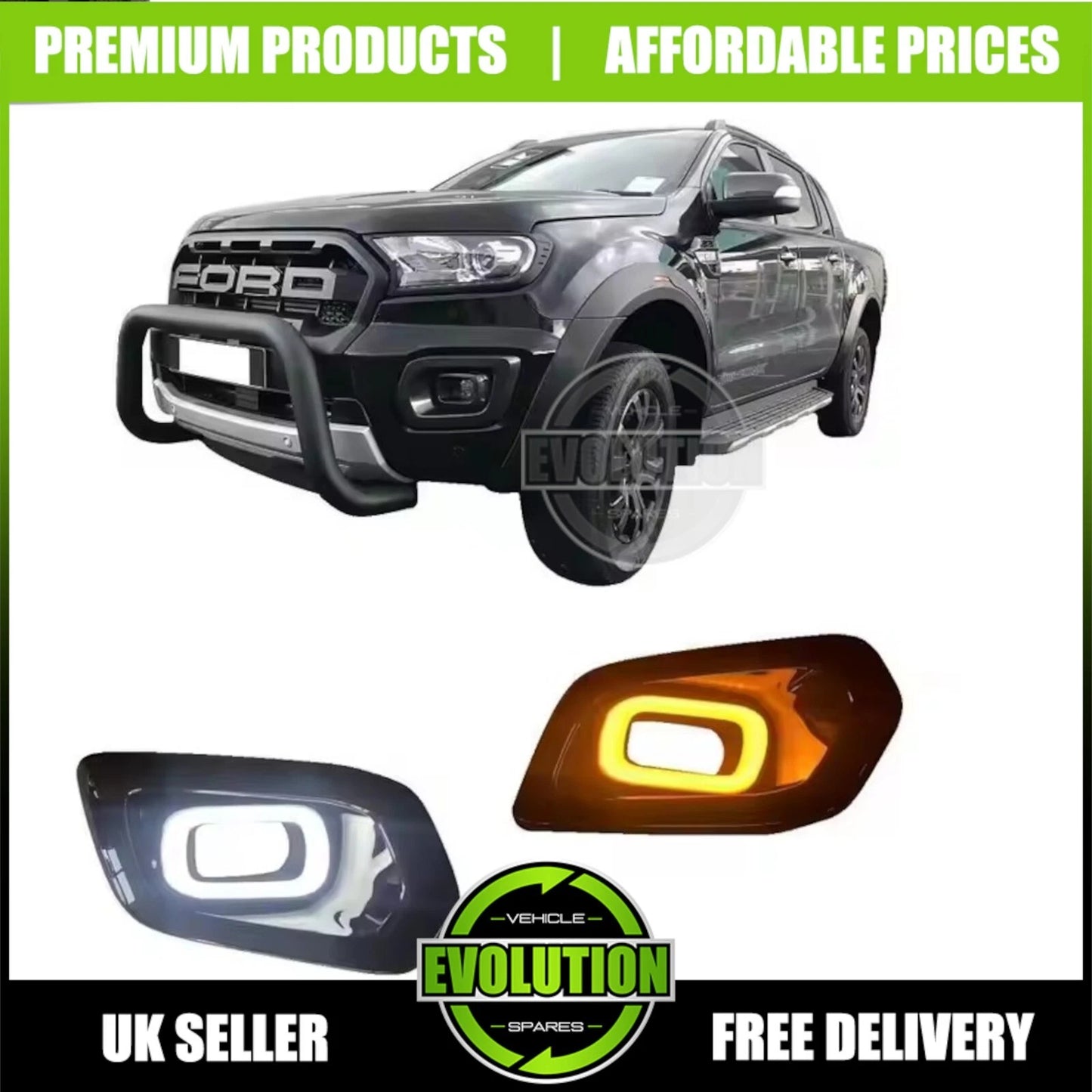 DRL Fog Light Surrounds Gloss LED Covers Fits Ford Ranger Wildtrack 2018-2022 T8