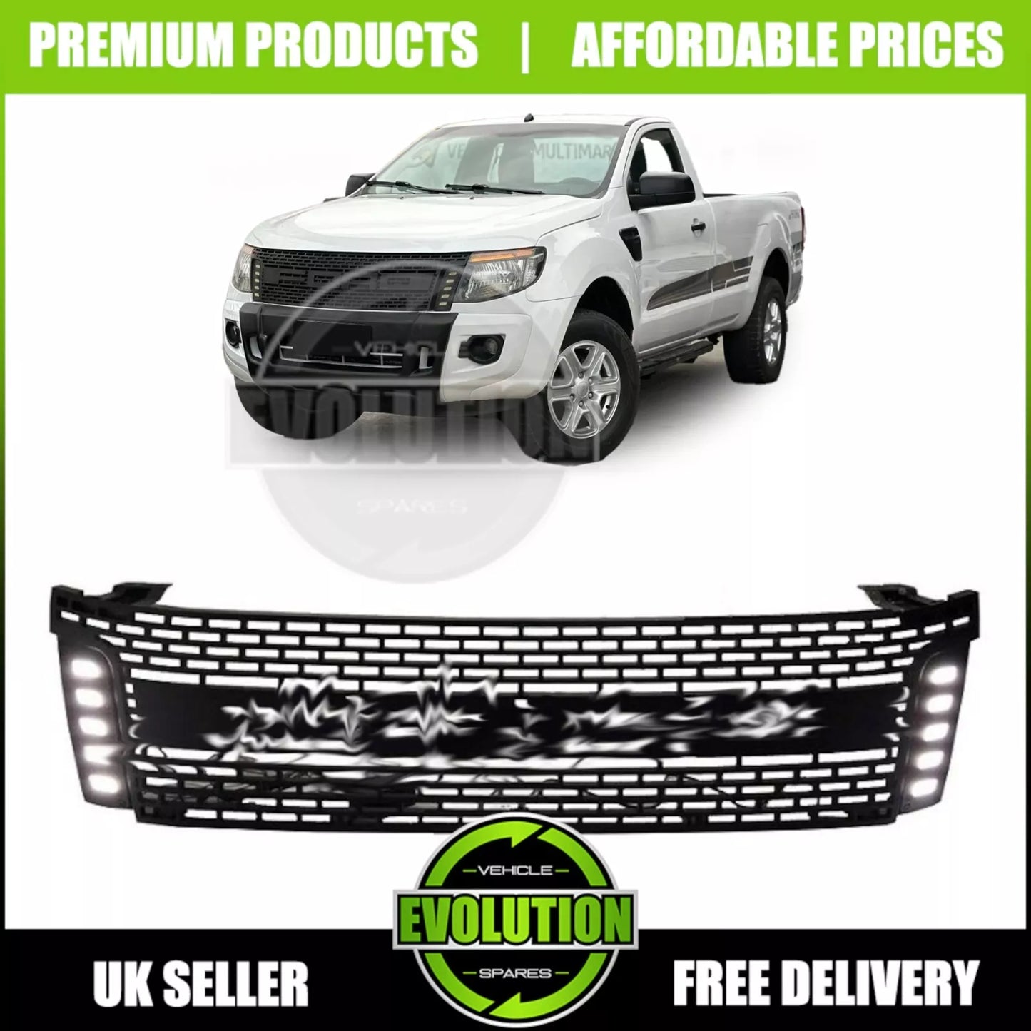 MATTE BLACK FRONT BUMPER LED LIGHT GRILLE GRILL FOR FORD RANGER T6 2012-2015