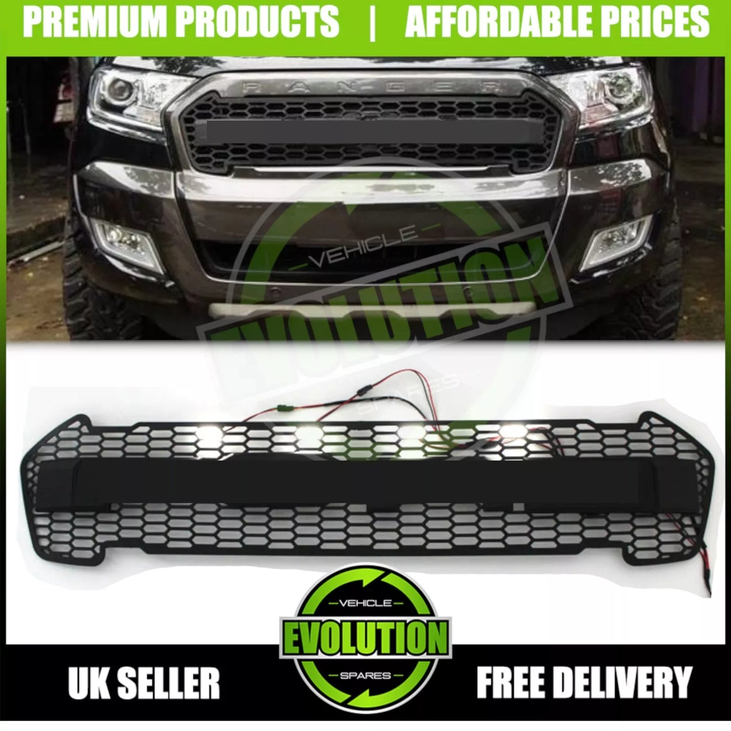 MATTE BLACK FRONT GRILLE BUMPER GRILL UPGRADE LED FOR FORD RANGER T7 2015-2017