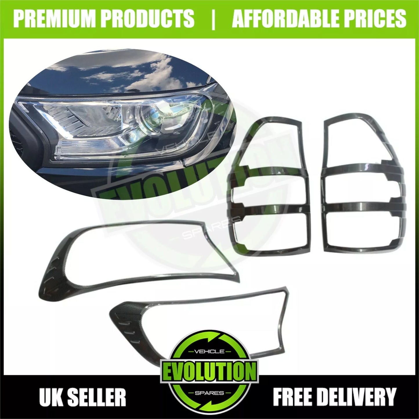 TO FIT FORD Ranger 2016-2022 CARBON Front Rear Light Cover Trims Trims surround