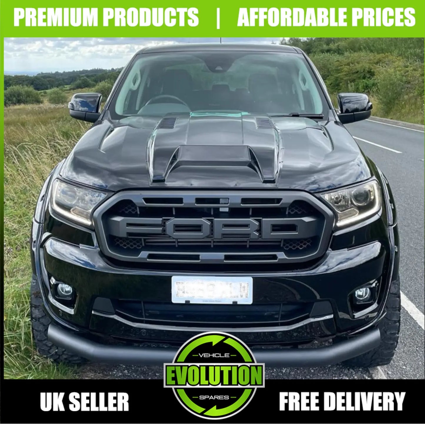 BONNET SCOOP GRILL VENT GUARD MATTE BALCK FITS FORD RANGER 2016-2022 T7 T8