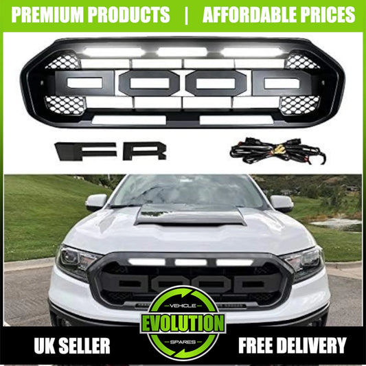 MATTE BLACK FRONT GRILLE GRILL LED LIGHTS FIT FORD RANGER WILDTRACK T8 2018-2022
