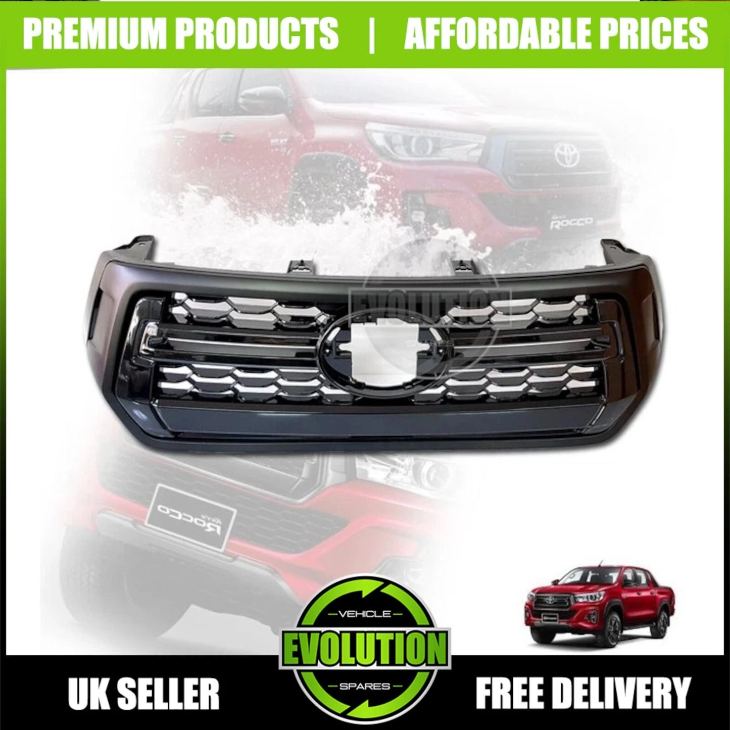 GLOSS BLACK FRONT GRILLE ROCCO GRILL FOR TOYOTA HILUX INVINCIBLE X MK8 2018-2020