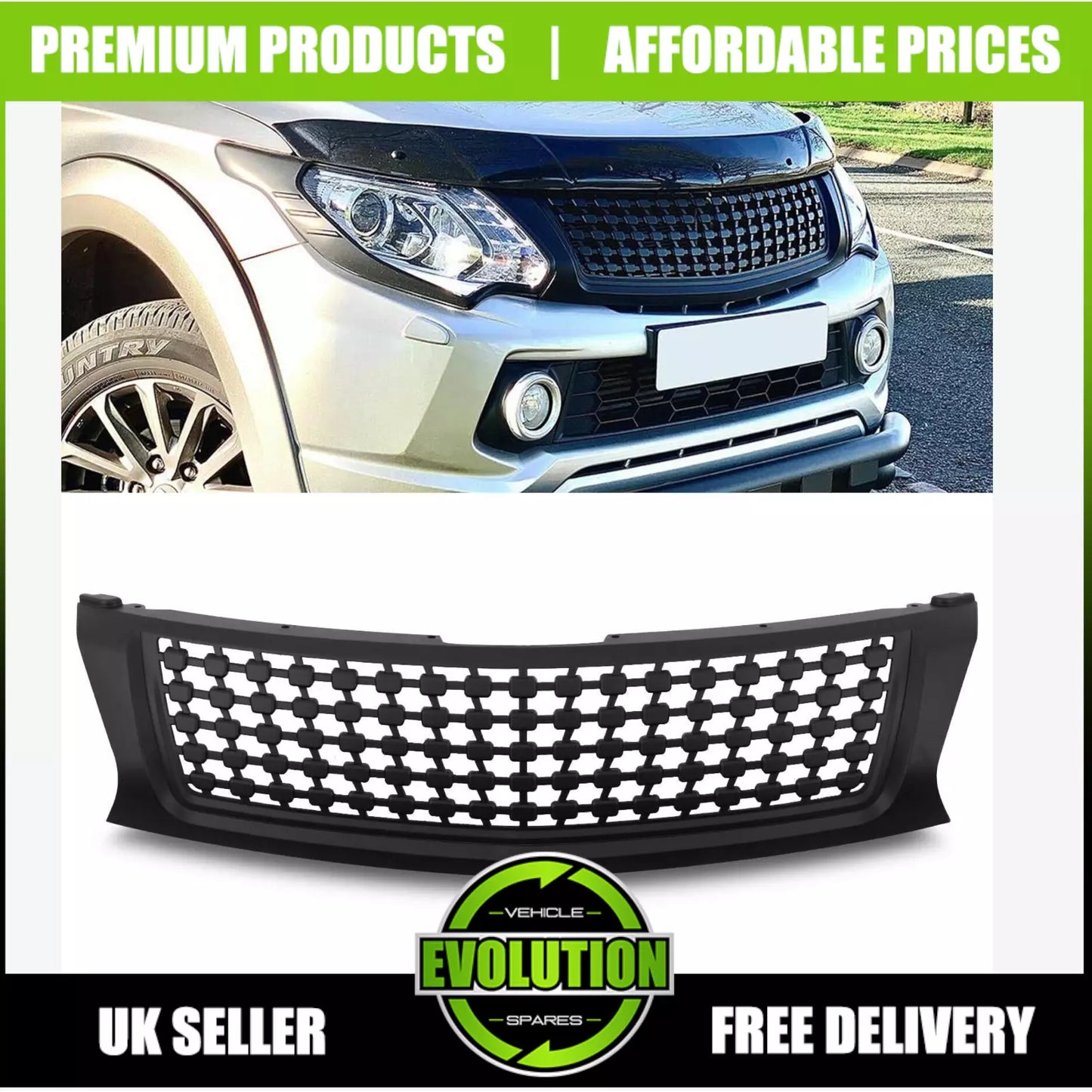 BLACK FRONT BADGELESS DE BADGED GRILLE FITS Mitsubishi L200 2015-2019 TRITON