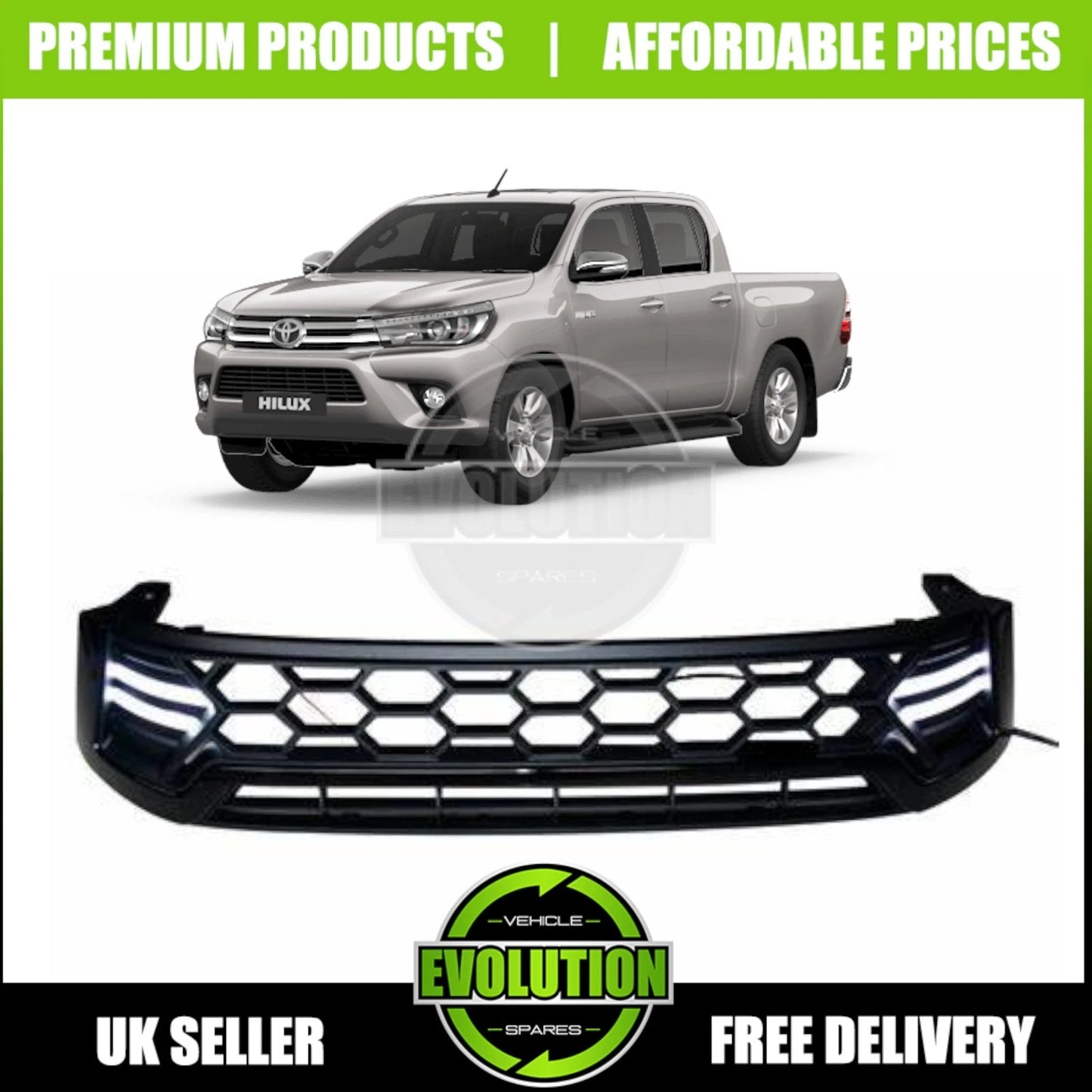BLACK FRONT GRILLE LED ROCCO GRILL FOR TOYOTA HILUX MK8 2016-2020