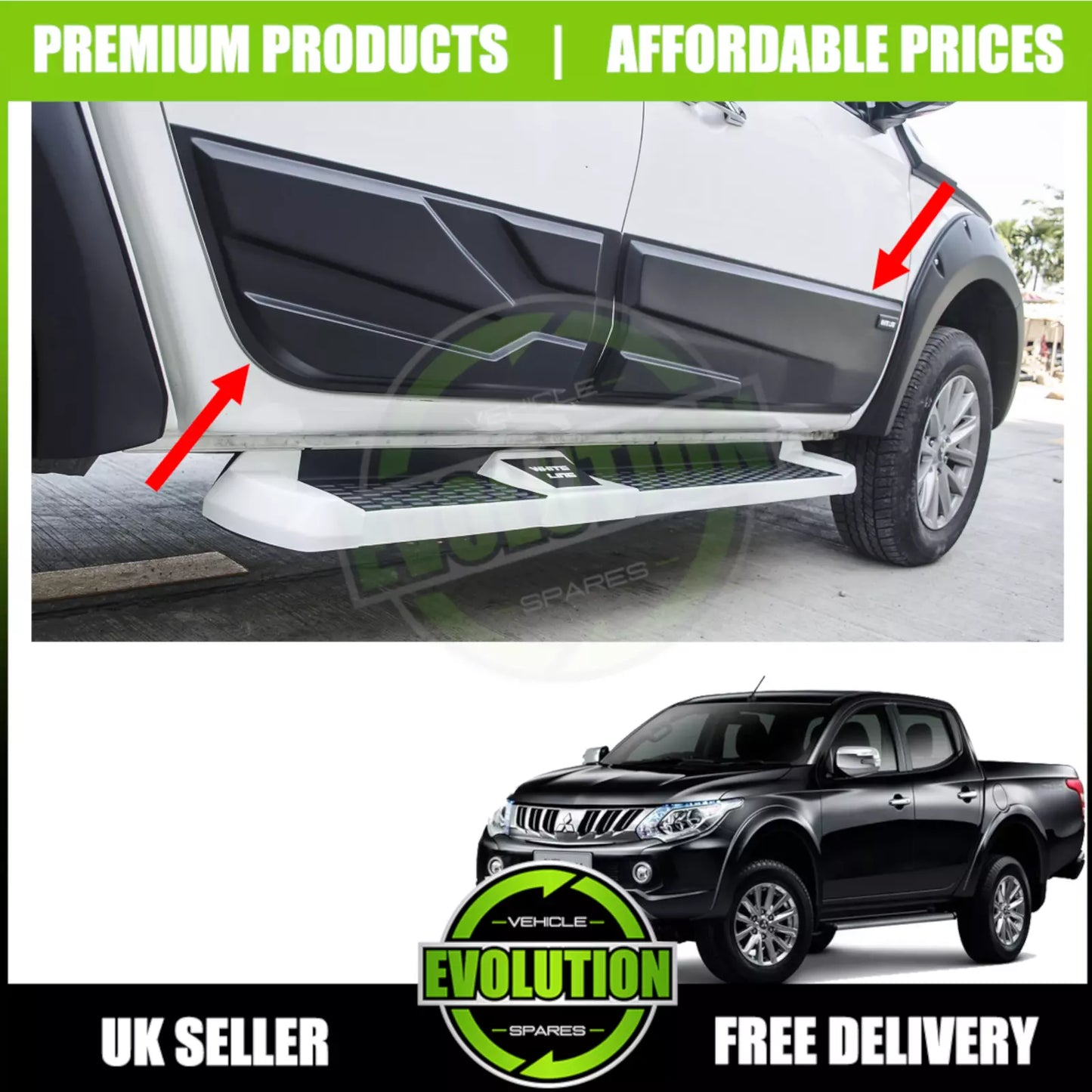 MATT BLACK LARGE SIDE DOOR BODY KIT CLADDING TRIM FITS MITSUBISHI L200 2015-2023