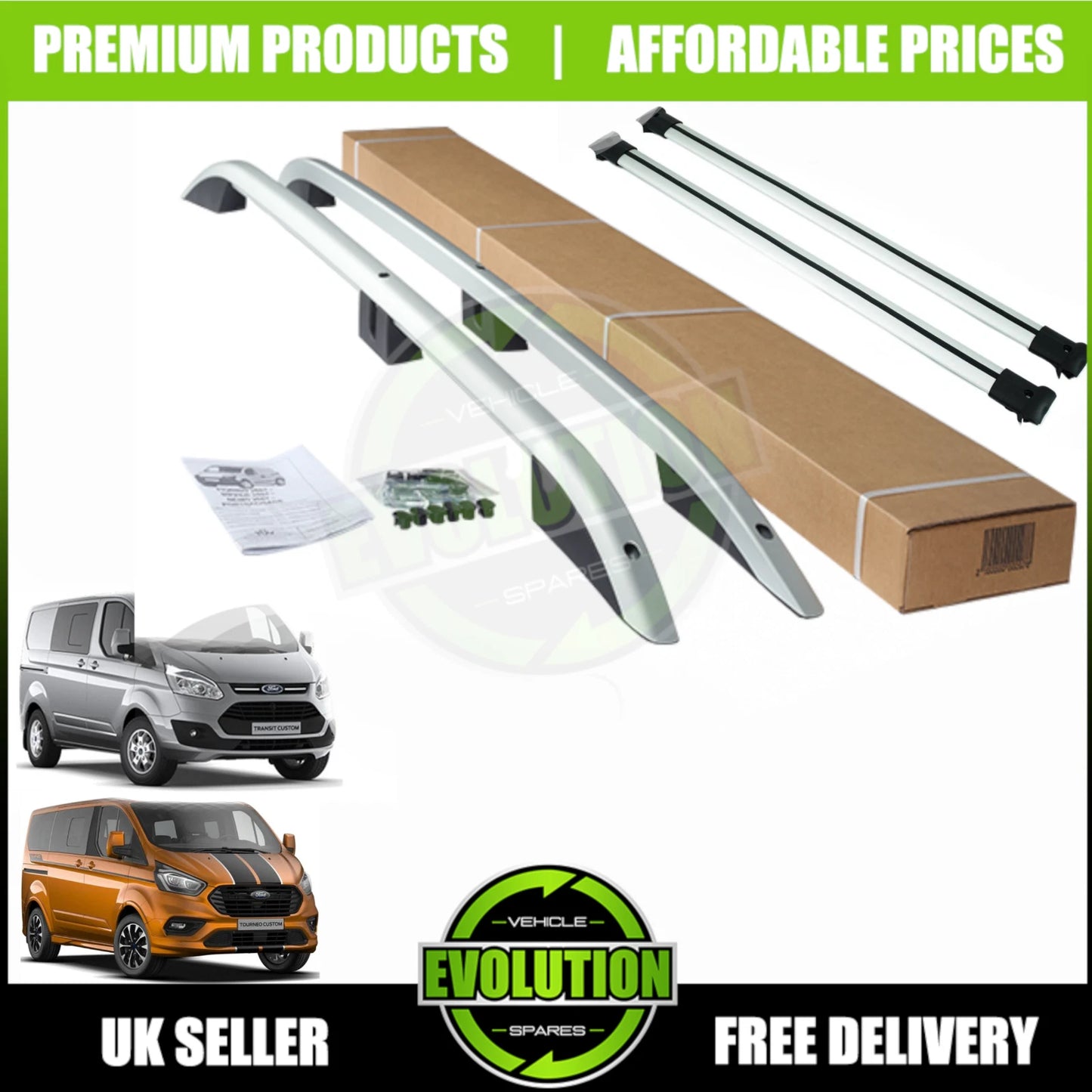 ROOF RACK RAILS & CROSS BARS SILVER SET FITS FORD TRANSIT CUSTOM SWB 2013-2023