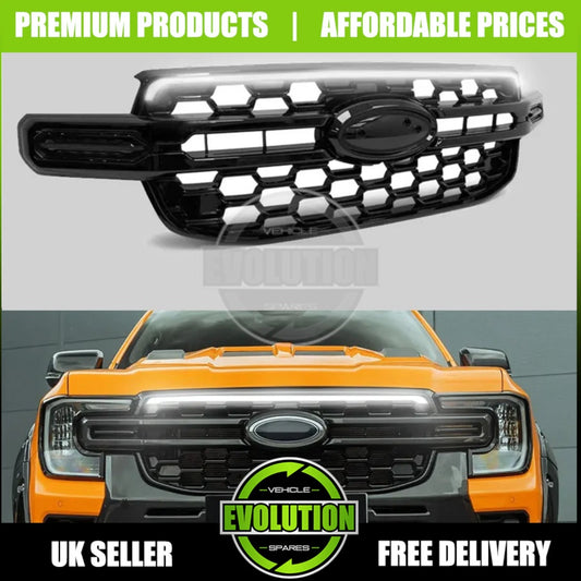 GLOSS BLACK FRONT GRILL WHITE LED LIGHT BAR GRILLE FOR FORD RANGER T9 2023-2025
