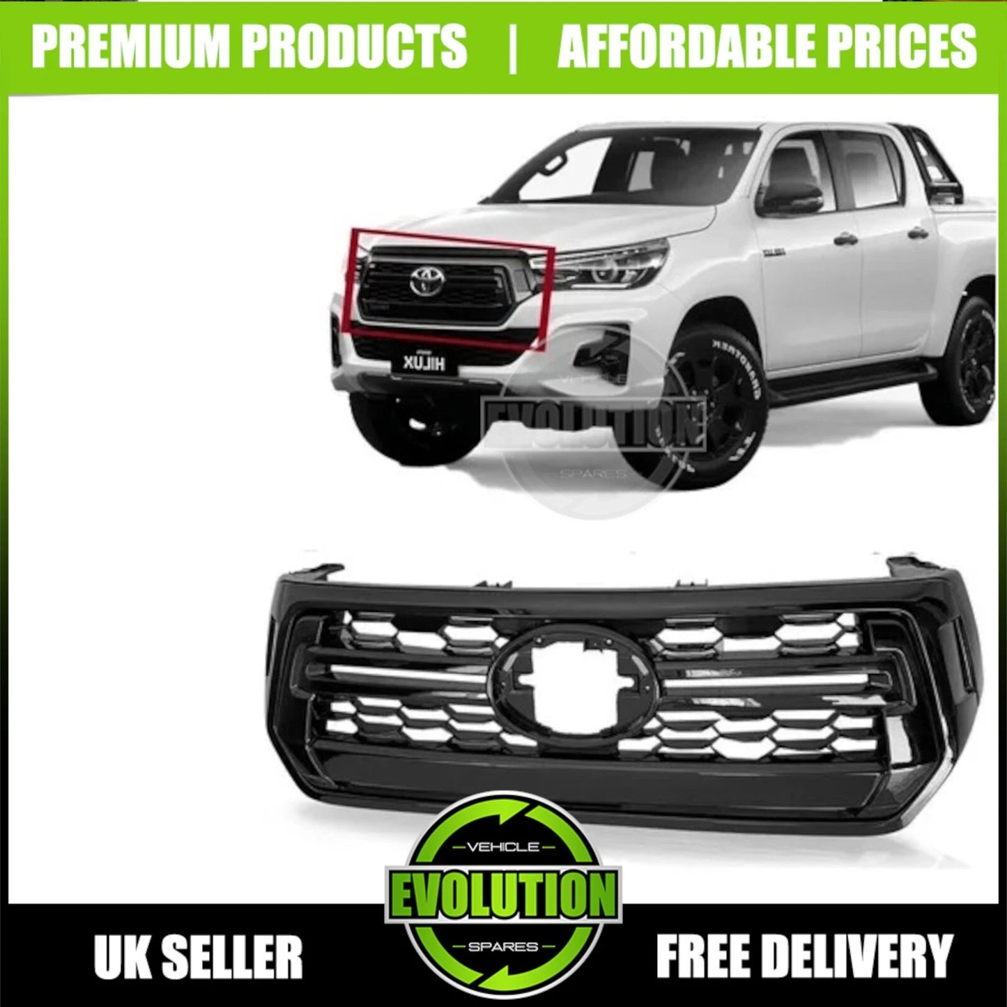 GLOSS BLACK FRONT GRILLE ROCCO GRILL FOR TOYOTA HILUX INVINCIBLE X MK8 2018-2020