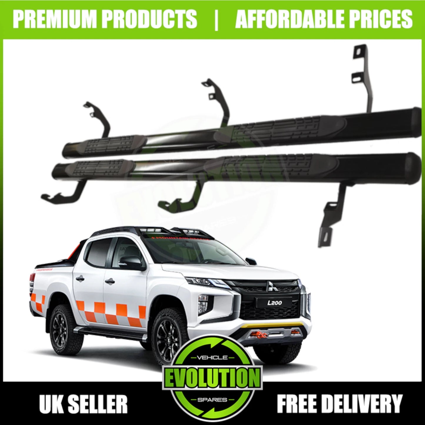 TO FIT Mitsubishi L200 2019-2022 Black Side Steps Bars Running Boards