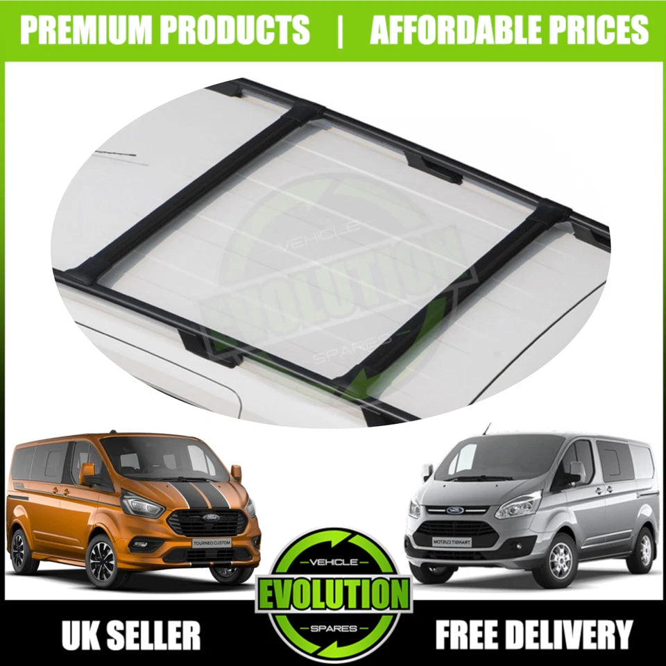 ROOF RACK RAILS & CROSS BARS SET SATIN BLACK FITS FORD TRANSIT CUSTOM 2013-2022